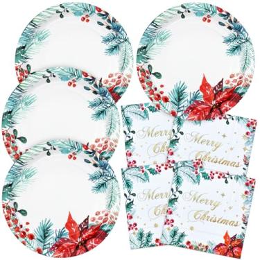 Imagem de YY Conjunto de pratos de papel para festa de Natal de 25,4 cm, pratos de jantar descartáveis com guardanapos de 33 cm para 20 pessoas