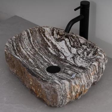 Imagem de MIDUSO Pia de embarcação de pedra irregular 100% feita à mão; pia de pedra real; pia de embarcação exclusiva; acima do balcão; pia de rocha de rio; banheiros rústicos de pias; Irre RiverStone 291