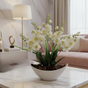 Imagem de Arranjo de Orquídea Artificial Phalaenopsis com Vaso Côncavo Branco e Casca Polida - Decoração Sofisticada para Ambientes Internos(Branco1)