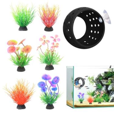 Imagem de Acessórios para tanque de peixes Betta, decoração de aquário rosa, esconderijo para aquário, acessórios de esconderijo com ventosas e 6 plantas aquáticas falsas para pequenos camarões Betta Guppy