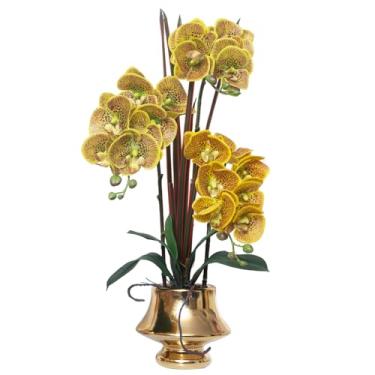 Imagem de CXGS Orquídeas flores artificiais toque real flor falsa em vaso de cerâmica 50,8 cm manchas amarelas planta de orquídea sintética seda realista Phalaenopsis para centro de mesa, hotel, casa, decoração