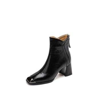 Imagem de TinaCus Bota feminina de cano curto de metal com bico quadrado de couro legítimo feito à mão com zíper nas costas e salto grosso médio, Preto, 40