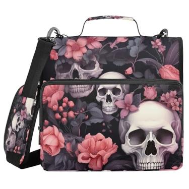 Imagem de SEHANY Fichário com zíper de caveira e flor com alça de ombro, capacidade para 500 folhas, vários bolsos, fichário com 3 anéis e zíper de 3 anéis