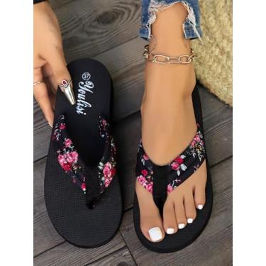 Imagem de Chinelo feminino plataforma sola grossa desliza para ambientes internos e externos, sandálias leves para pés largos, Preto, 34