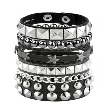 Imagem de Tosmifairy 4 peças/conjunto de pulseiras modernas de couro hip hop de rua cravejadas, várias pulseiras, pulseiras de emoção, acessórios para concertos de punk rock dos anos 80, One Size, Couro