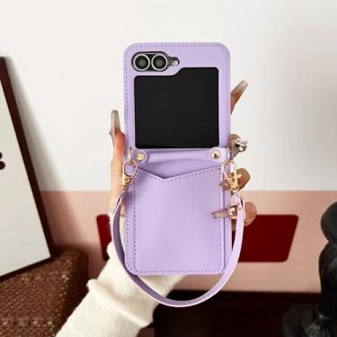 Imagem de Capa de luxo para celular Samsung Galaxy Z Flip 3 4 5 6 5g Flip6 com compartimentos para cartões e alça de mão (para Samsung Z Flip 4/Roxo)