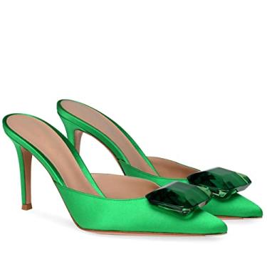 Imagem de CarolieRossi Sandálias femininas de salto alto com strass e strass bico fechado gatinho sandálias de salto alto verão sem cadarço salto mule sapato vestido de noiva, Verde, 37