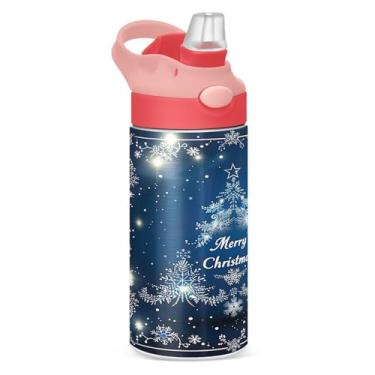Imagem de YETTASBIN Garrafa de água de árvore de Natal para crianças, 340 g, à prova de vazamento, parede dupla, isolada, copo de viagem com tampa de canudo para meninas, meninos e crianças