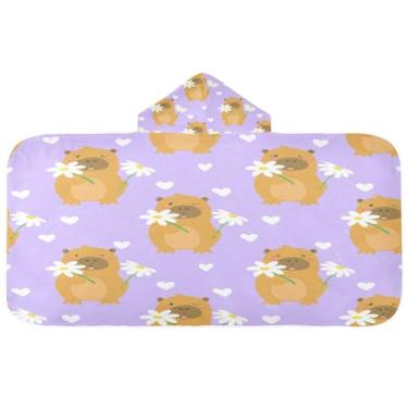 Imagem de CEBUGI Toalha de banho com capuz de capivaras de desenho animado para crianças toalha de banho macia absorvente com capuz 127 x 59,7 cm toalha de banho de praia para meninos e meninas