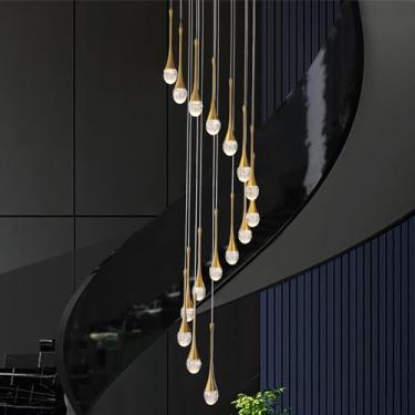 Imagem de Lustre pendente ajustável de cristal em formato de gota, com 16 luzes, 305 cm (120") de comprimento, estilo bolha dourada, ideal para escadas, entradas com pé direito alto, estilo loft, LED