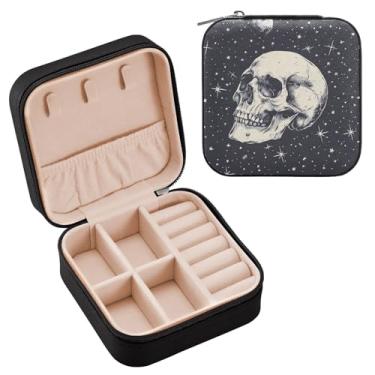 Imagem de YETTASBIN Caixa de joias de caveira para adolescentes, meninas, mulheres, presente de aniversário, Natal, caixa de armazenamento portátil de couro PU, mini estojo de joias de viagem para colar