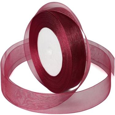 Imagem de Sentoyou Fita vinho para embrulho de presente, fita de tule de organza transparente de 2,5 cm, fitas de chiffon para presentes de vinho tinto para Natal, dia das mães, artesanato, buquê de flores