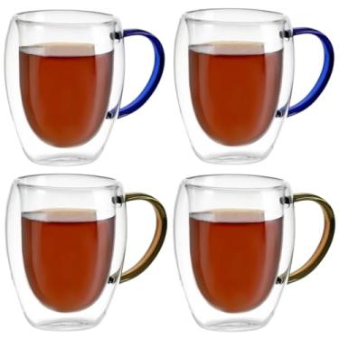 Imagem de Kit Conjunto 4 Xícaras de Vidro Borossilicato Parede Dupla 350ml Transparente com Alça Colorida - 2 Marrom e 2 Azul