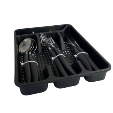 Imagem de Conjunto de Talheres com Organizador, 17 Peças, Preto, Inclui Porta Talheres, Colheres, Garfos e Facas