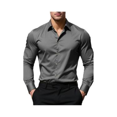 Imagem de Camisa Social Masculina De Manga Longa Em Cor Sólida Casual Inteligent