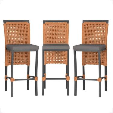 Imagem de 3 Banqueta Em Alumínio Roma Preta Corda Náutica Tecido 11 Terra Cota