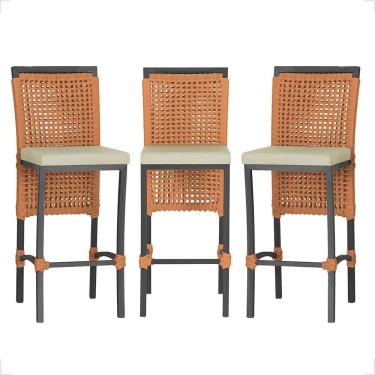 Imagem de 3 Banqueta Em Alumínio Roma Preta Corda Náutica Tecido 7 Terra Cota