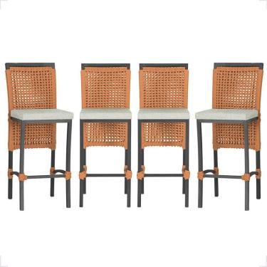 Imagem de 4 Banqueta Em Alumínio Roma Preta Corda Náutica Tecido 3 Terra Cota