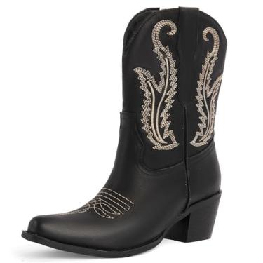 Imagem de OMJPWS Botas femininas caubói, botas de cowgirl com bico fino, bico fino, salto grosso, zíper lateral, vintage, retrô, Preto - 2, 35