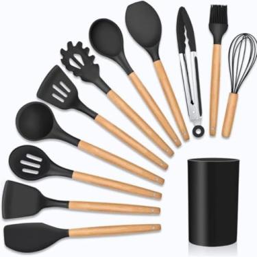 Imagem de Kit de Utensílios de Cozinha 12 Peças em Silicone com Cabos de Madeira + Porta-Utensílios
