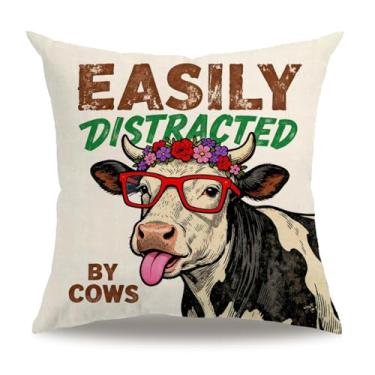 Imagem de Capa de almofada engraçada de vaca de fazenda 45,7 x 45,7 cm, estilo de vaca com flores, estilo fazenda, rústico, decoração de casa, capas de almofada, para sofá, sofá, varanda, pátio (preto/branco