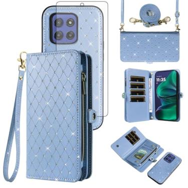 Imagem de Capa de celular para Motorola Moto G Stylus 5G 2025 com zíper destacável carteira celular com protetor de tela brilhante alça transversal com glitter flip porta-cartão slot G5 mulheres homens meninas