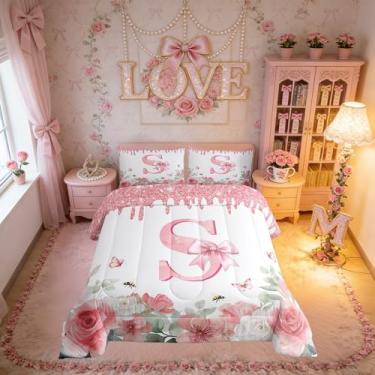 Imagem de Erosebridal Conjunto de cama casal com letra P para meninas, com laço rosa, romântico, alfabeto, reversível, para crianças, monograma, laço, edredom para decoração de quarto, 3 peças