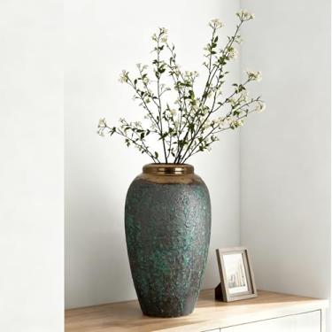 Imagem de Vaso de flores de cerâmica, vaso de flores rústico de 30,5 cm com ampla montanha de bronze, vaso de terracota alto vintage para decoração de café em casa e escritório