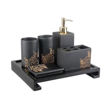 Imagem de hezhuhe2258 Dispensador de sabão moderno minimalista suprimentos de banheiro dispensador de sabão conjunto de lavagem banheiro 6 peças suporte de escova de dentes copos de enxaguante bucal