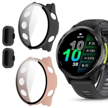 Imagem de Capa compatível com Garmin Forerunner 970 com plugue de poeira, capa rígida de PC Lamshaw com protetor de tela de vidro temperado com plugue de silicone antipoeira compatível com Garmin Forerunner 970