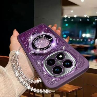 Imagem de Capa com suporte para celular com pulseira de cristal brilhante para Xiaomi Redmi Note 14 Pro Plus 4G 5G, capa traseira macia com gradiente, roxa, para Note 14 Pro Plus