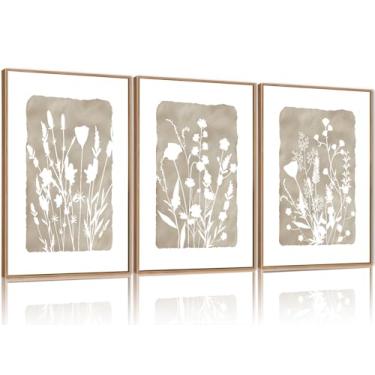 Imagem de FWIEXA Conjunto de arte de parede em tela botânica neutra 3, impressões emolduradas minimalistas Boho Wildflowr, pinturas florais bege, pôster de arte de planta rústica 40,6 x 61 cm para fazenda