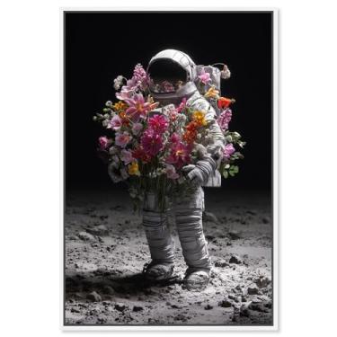 Imagem de Arte de parede de astronauta com impressão em tela Lunar Bloom por Art Remedy, moldura branca, 50 x 76 cm