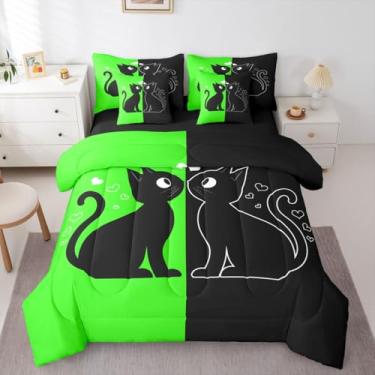 Imagem de Conjunto de edredom queen fofo de gato preto (verde e preto) | Jogo de cama com gatos românticos para o dia dos namorados, 7 peças, conjunto de edredom kawaii com coração vermelho
