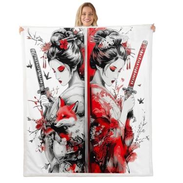 Imagem de Samurai Japonês Feminino Cobertor Espada Raposa Sexy Cobertor de Lã Feminino, Estilo Retro Moda Tinta Arte Mantas para Cama Sofá Sofá, Decoração de Quarto de Crianças Meninas Mulheres, Macio e