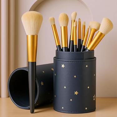 Imagem de Conjunto de 12 pincéis profissionais de maquiagem com estojo de armazenamento redondo, kit versátil de pincéis cosméticos para base em pó, blush e sombra para os olhos