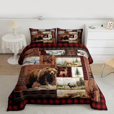 Imagem de Feelyou Conjunto de edredom de tamanho casal, chalé, rústica, veado, para meninos e meninas, fazenda, vida selvagem, decoração de quarto, boêmio, búfalo, xadrez de madeira com 2 fronhas