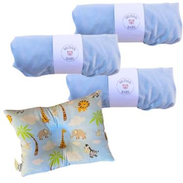 Imagem de Kit Lençol 100% Algodão Malha Elástico Total e Travesseiro Anatômico Safari Berço Carrinho | Blue Lovers 4 Peças