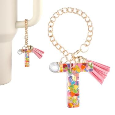 Imagem de Amuleto de copo com letras, lindo pingente de letra inicial chaveiro chaveiro acessórios para alça de copo Stanley (T)