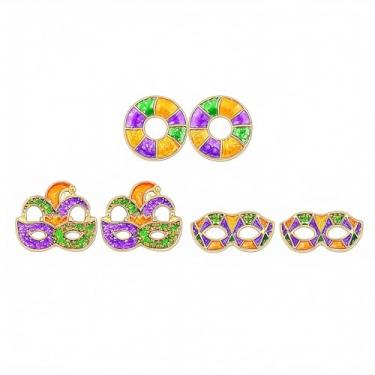 Imagem de Conjunto de 3 pares de brincos de carnaval para mulheres, conjunto de 3 pares compactos delicados de máscara esmaltada, chapéu de carnaval, conjunto de brincos com tema de carnaval, verde e roxo, joia