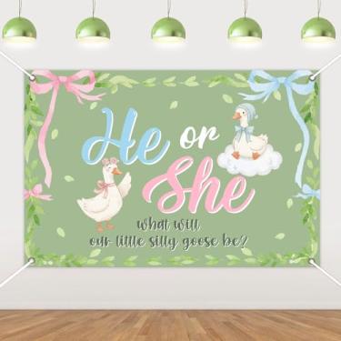 Imagem de Cheereveal Goose Gender Reveal Decorations, 1,5 x 0,9 m He or She What Will Our Little Silly Goose Be Faixa de pano de fundo, suprimentos de festa de chá de bebê tema animal de fazenda verde