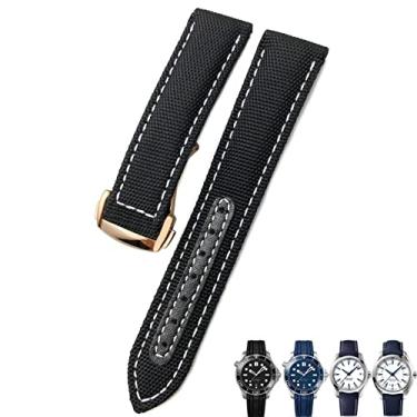 Imagem de FUKUZL Pulseira de relógio de nylon trançado de 19 mm, 20 mm, preto, azul, fivela de implantação, pulseira de couro para Omega AT150 AQUA TERRA Seamaster Tissot (rosa preta e branca, 20 sem fecho)