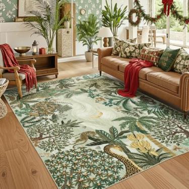 Imagem de GarveeHome Tapete de área de selva 12 x 18 cm lavável para sala de estar e quarto, tapete macio antiderrapante com estampa de animal tapete verde tapete interno sala de jantar sala de jogos