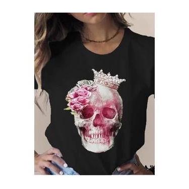 Imagem de Camiseta Feminina Diversas Estampas Caveira Flores Borboletas - Dinka,