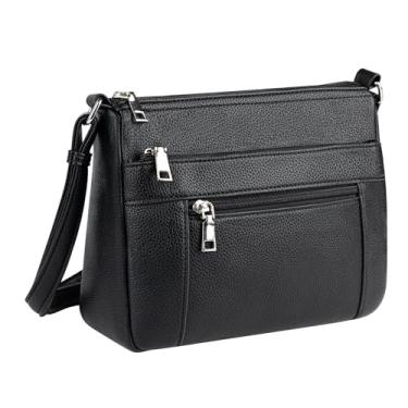Imagem de letech+ Bolsa tiracolo de couro para mulheres, bolsa de ombro com quatro bolsos, bolsa feminina de viagem, Preto, 21cm long, 26cm wide, 10cm high, Pochete transversal