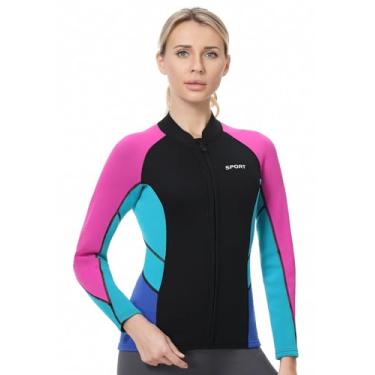 Imagem de REALON Jaqueta feminina e masculina, 2 mm, 3 mm, neoprene, roupa molhada, manga comprida, zíper frontal para adultos, jovens, snorkeling, mergulho, surfe, esportes aquáticos
