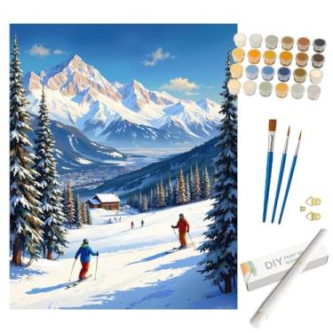 Imagem de Kit de pintura de paisagem por números para adultos – Estância de esqui DIY em montanhas nevadas, pintura enrolada em tela, 40,6 x 50,8 cm, conjunto de tinta acrílica, adequado para iniciantes, arte