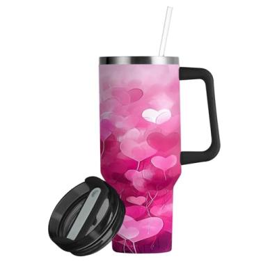 Imagem de ATTX Copo de coração de dia dos namorados de 850 g com alça, copo de aço inoxidável a vácuo de parede dupla com palha, caneca de café de viagem isolada #90