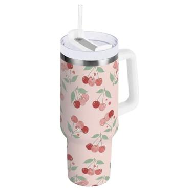 Imagem de SEHANY Copo de cereja fofo de 1,134 g com alça, copo isolado de aço inoxidável de parede dupla, à prova de vazamento, caneca de café isolada para viagem, cabe no suporte de copo de carro