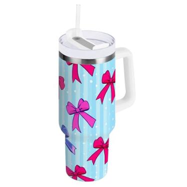 Imagem de SEHANY Lindo copo de laço azul de 1,134 g com alça, copo isolado de aço inoxidável a vácuo de parede dupla, à prova de vazamento, caneca de café isolada para viagem cabe no suporte de copo de carro